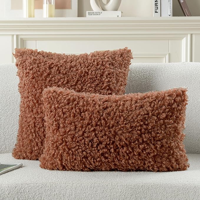 FUTEI Rust Decorative Throw Pillow Covers 12x20 Inch Set of 2,Soft Fluffy Faux Wool Fur Boucle Textured Lumbar Pillow Case,Modern Home Decor for Couch Bed Living Room Office