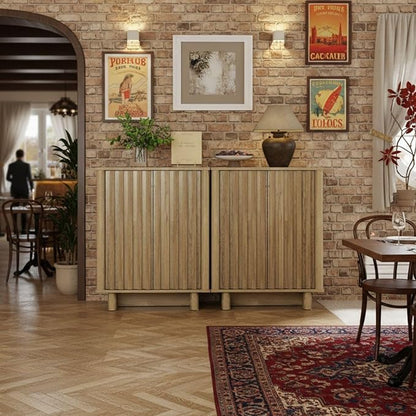 LukeAlon Fluted Sideboard Cabinet, Farmhouse Boho Accent Buffet Cabinet with Storage, 47" Wooden Credenza Hallway Cabinets for Living Room Dining Room Entryway, Natural Wood Color
