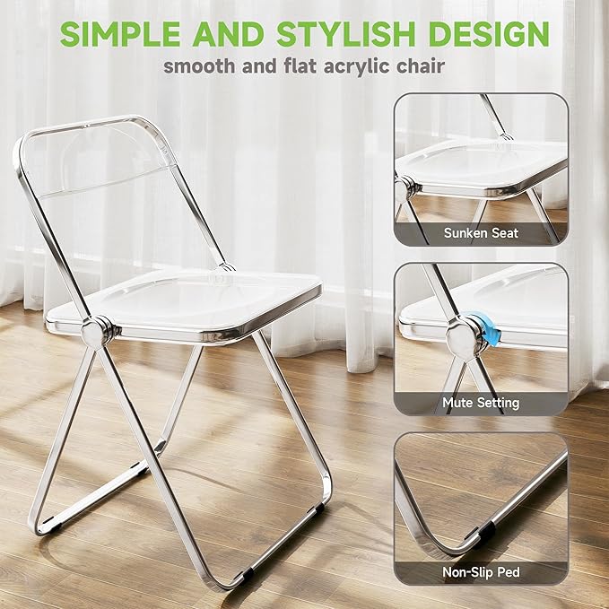Real Relax Acrylic Folding Chairs,Foldable & Stackable Clear Chairs with Metal Chrome Frame, Indoor and Outdoor, for Home, Office, Party & Events,Set of 4,350LB,Transparent