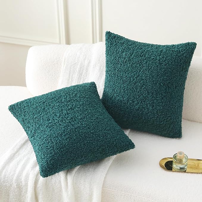 FUTEI Dark Green Throw Pillow Covers 24x24 Inch Set of 2,Furry Faux Fur Teddy Boucle Textured Cushion Covers,Soft Fluffy European Pillow Shams,Home Decor for Couch Bed Living Room Office Car