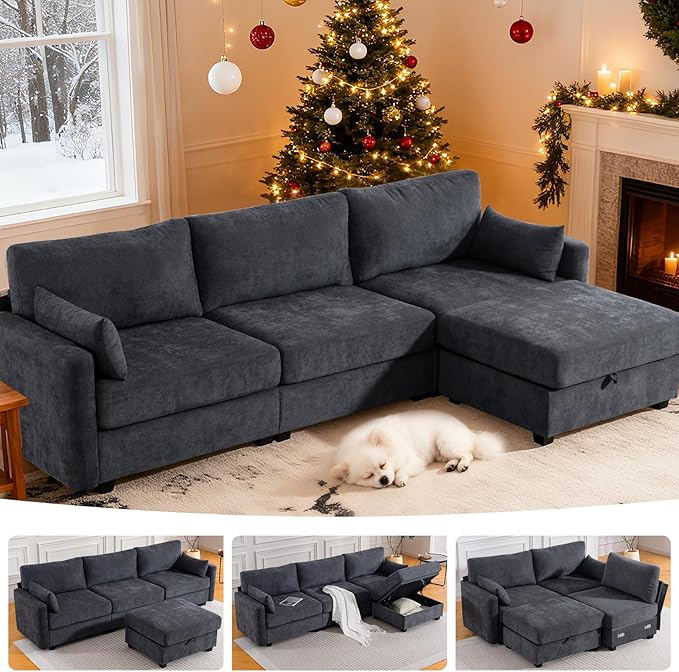 109'' Modular Sectional Sofa, L Shaped Couch with Storage Ottoman, Comfy Cloud Sofa with Deep Seat, 4 Seat Convertible Sectional Couches for Living Room (Gray, Low Legs 1.97")