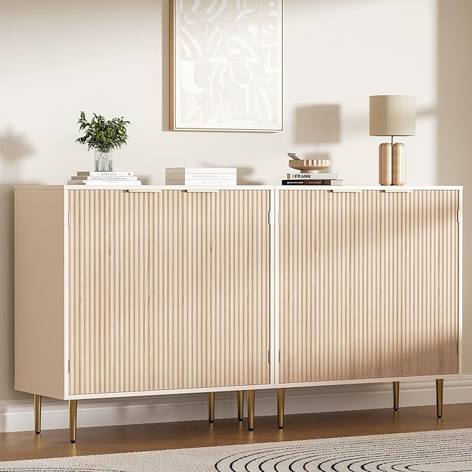 Buffet Sideboard Cabinet [Set of 2], Kitchen Cabinet with Golden Handles & Legs, Modern Accent Storage Cabinet with Adjustable Shelf, Coffee Bar for Kitchen, Dining Room, Oak