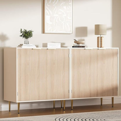Buffet Sideboard Cabinet [Set of 2], Kitchen Cabinet with Golden Handles & Legs, Modern Accent Storage Cabinet with Adjustable Shelf, Coffee Bar for Kitchen, Dining Room, Oak