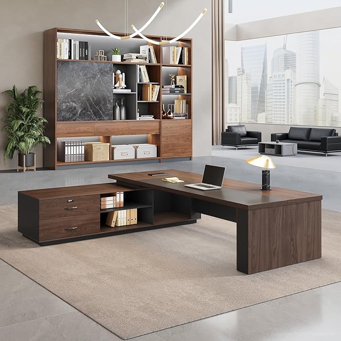 L-Shaped Executive Desk with LED Lights, Lockable Storage & 3-in-1 Charging Station, Reversible Cabinet, Modern Wood Office Desk for CEO, Manager & Home Office(Red Walnut+Black, 71"L*63"W*30"H)