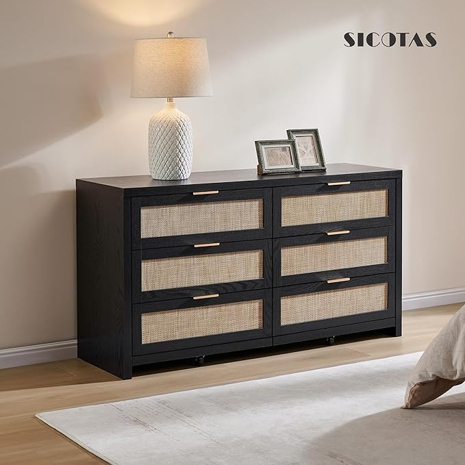 SICOTAS Rattan Dresser for Bedroom, 56.9" Wide 6 Drawer Dresser with Ample Storage, Wooden Dressers Large Chest of Drawers, Closet, Boho TV Stand for Bedroom (Black Oak, 1 Piece)