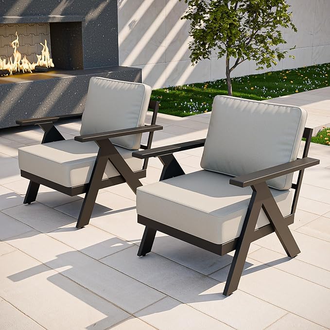 COOS BAY Iron Luxe Modern Outdoor Patio Chairs Set of 2, Lounge Accent Chairs for Backyard, Deck, Porch, Garden, Black/Beige