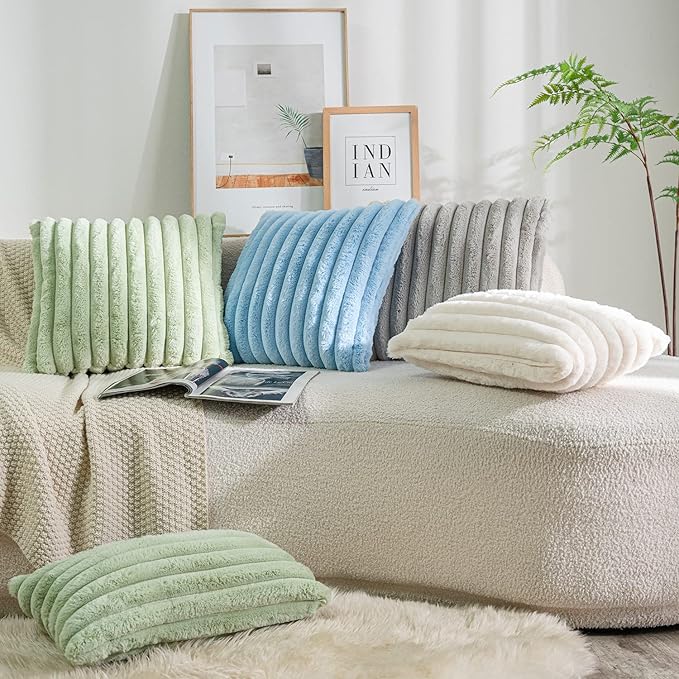 DEELAND Pack of 2,Double-Sided Faux Fur Plush Decorative Throw Pillow Covers Fuzzy Striped Soft Pillowcase Cushion Covers for Sofa Couch Bedroom Green 20x20 inch