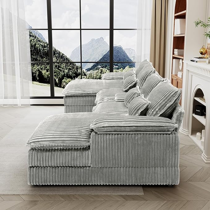 HYJT-H&K 124" U Shaped Cloud Couch Sectional, Comfy Fluffy Plush Corduroy Light Grey Sectional Couches for Living Room, Modern Modular Corduroy Couch Sectionals with Central Console & Double Chaise