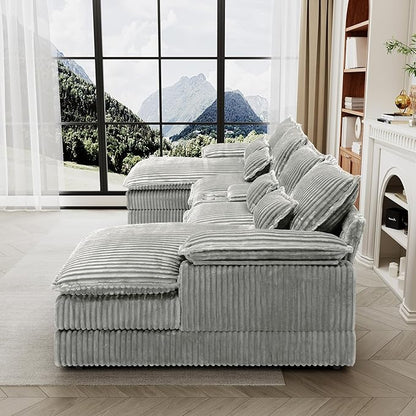 HYJT-H&K 124" U Shaped Cloud Couch Sectional, Comfy Fluffy Plush Corduroy Light Grey Sectional Couches for Living Room, Modern Modular Corduroy Couch Sectionals with Central Console & Double Chaise