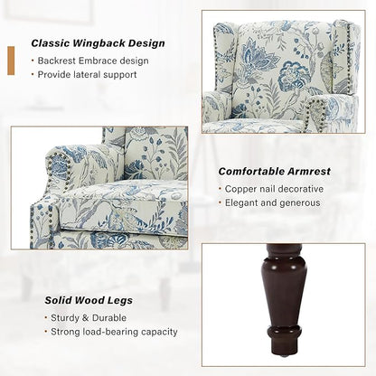 Floral Wingback Accent Chair Set of 2, High Back Upholstered Armchair, Comfy Fabric Wingback Arms Chairs with Retro Solid Wood Legs, Single Sofa Reading Chair for Bedroom Living Room, Plants Blue