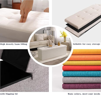 CUYOCA 45.3 Inches Storage Ottoman Bench Foldable Seat Footrest Shoe Bench End of Bed Storage with Flipping Lid, 166L Storage Space, Linen Fabric Pink