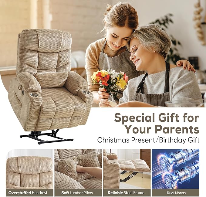 ABCASA Oversized Dual Motor Lay Flat Power Lift Recliner Chair with Massage, Heating, Lumbar Pillow, USB & Type-C Ports, Textile Lift Chairs Recliners, Large Recliner for Big & Elderly People - Beige