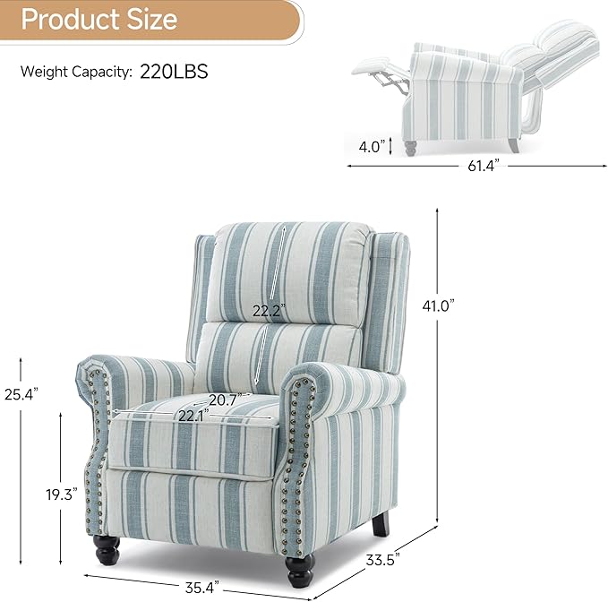 Lumibee Recliner Chairs Set of 2,Pushback Armchairs for Small Spaces,Adjustable Backrest & Footrest Accent Chairs in Comfy Fabric for Living Room, Bedroom-Stripe Bluee