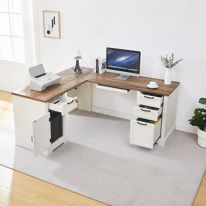 L-Shaped Executive Desk with Keyboard Tray, 69” Farmhouse Corner Desk with Lockable Drawers, Adjustable File Cabinet & Built-in Charging Station, Rustic Home Office Desk (69")