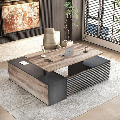 86.61" L Shaped Standing Executive Desk and 63" lateral File Cabinet, Large Adjustable Heigh Office Computer Desk with 3 Drawers,2.3" Desktop,Business Workstation,Black and Warm Oak