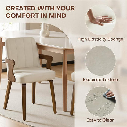 Kitchen Dining Chairs Set of 2, Faux Leather Upholstered Dining Room Chairs with Wood Arms and Legs, Mid Century Modern Kitchen Side Chair for Living, Bedroom, Restaurant, Walnut/Beige