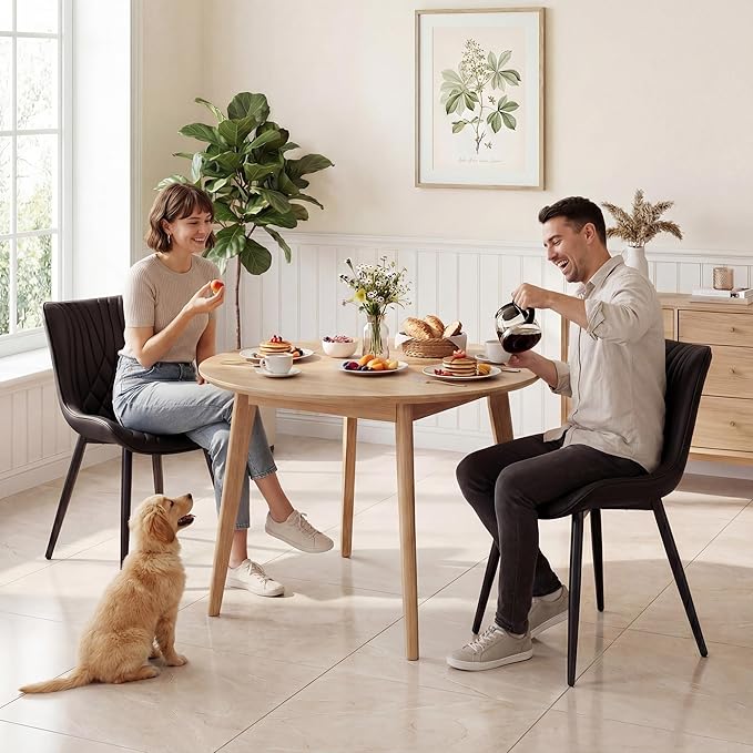 YOUTASTE Black Dining Chairs Set of 2 Mid Century Modern Kitchen&Dining Room Chairs Armless Upholstered Faux Leather Accent Chairs with Back Metal Vanity Lounge Side Chair for Living Room Bedroom