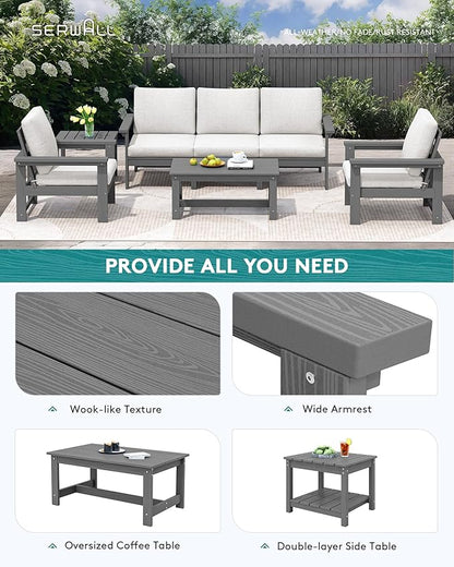 SERWALL HDPE Patio Furniture Set, 7-Piece Outdoor Sectional Sofa Set, All Weather Outdoor Couch Set for Deck, Lawn, Grey Frame with Khaki Cushion