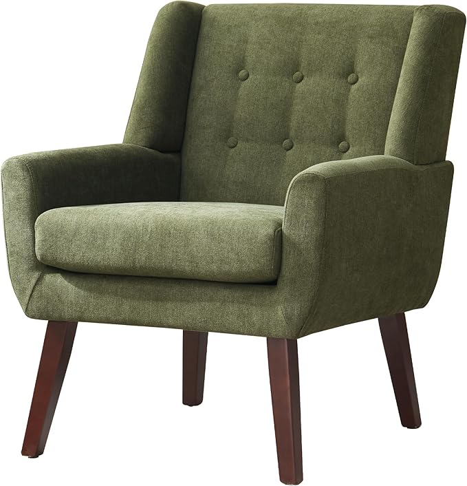 Accent Chairs for Living Room,Button-Tufted Upholstered Armchair with Wooden Legs,Comfy Mid Century Modern Chair for Bedroom Apartment Waiting Room Green