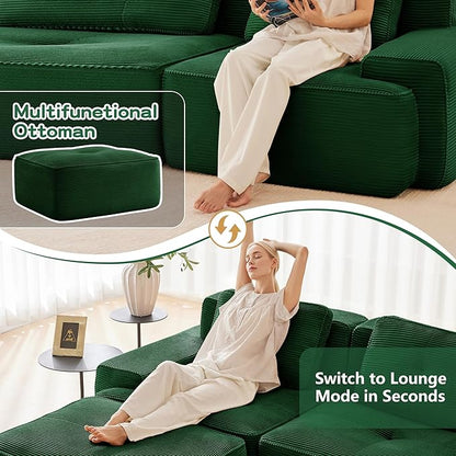 80.3” Green Boneless Couches for Living Room, Modular Sectional Sofa with L-Shape Chaise, 2 Seater Comfy Upholstered Loveseat Deep Seat Corduroy Fabric Cloud Couch No Assembly, Anti-Slip Design
