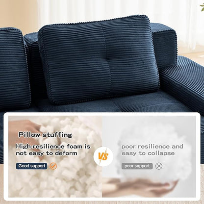 80.3” Blue Boneless Couches for Living Room, Modular Sectional Sofa with L-Shape Chaise, 2 Seater Comfy Upholstered Loveseat Deep Seat Corduroy Fabric Cloud Couch No Assembly, Anti-Slip Design