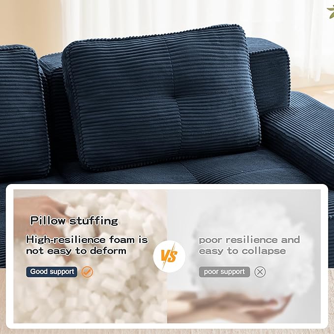 150.4” Blue Boneless Couches for Living Room, Modular Sectional Sofa with L-Shape Chaise, 4 Seater Comfy Upholstered Deep Seat Corduroy Fabric Cloud Couch No Assembly, Anti-Slip Design