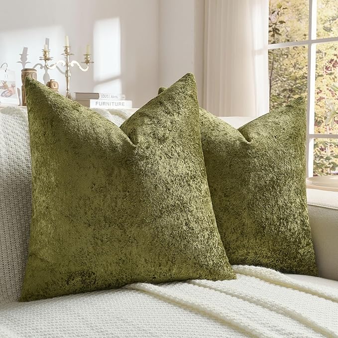 FUTEI Moss Green Flannel Throw Pillow Covers 16x16 Inch Set of 2,Soft Dimensional Textured Cushion Cases,Modern Home Decor for Couch Living Room