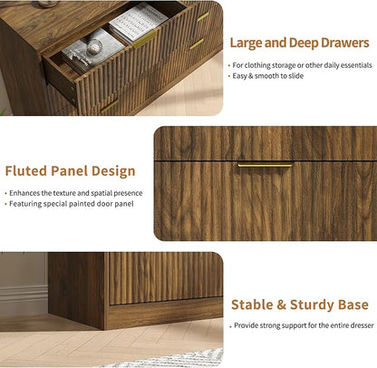 Fluted 8 Drawer Double Dresser Wood,55” Wide Bedroom Dresser Mid Century Chest of Drawers Wooden with Gold Handle,Dressers TV Stand for Bedroom,Living Room,Walnut
