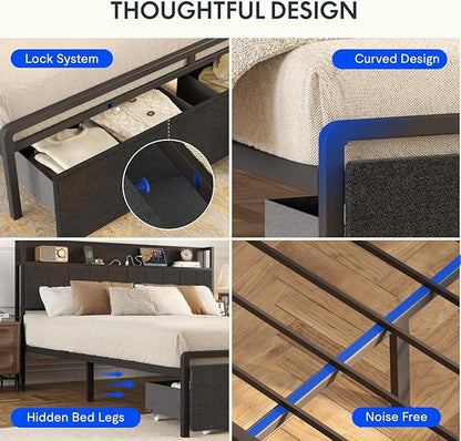 FLEXISPOT BF21Q Adjustable Bed with Storage Headboard and Charging Station, LED Light, Fabric Storage Drawers, Durable and Sturdy, No Box Spring Required, Easy Assembly.