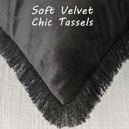 FUTEI Black Velvet Decorative Throw Pillow Covers 18x18 Set of 2,Soft Cozy Edge with Tassels Cushion Case,Boho Modern Home Decor for Couch Bed Living Room