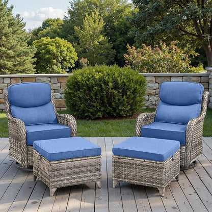 Swivel Patio Chairs Sofa Set of 4 with 6" Thick Cushion - Wicker Outdoor Swivel Rocker Patio Chair with Side Table, High Back Comfortable Outdoor Glider Chairs - Grey Wicker | Blue Cushions