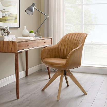 Zouron Mid Century Modern Accent Chairs with Wooden Legs, Swivel Desk Chair No Wheels, Faux Leather Vanity Side Chair for Small Space Home Office Living Room Bedroom, Brown