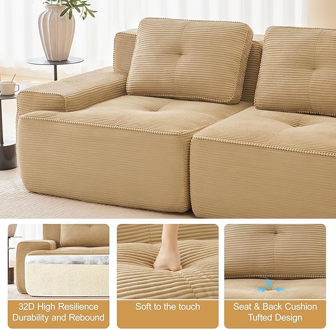80.3” Camel Boneless Couches for Living Room, Modular Sectional Sofa with L-Shape Chaise, 2 Seater Comfy Upholstered Loveseat Deep Seat Corduroy Fabric Cloud Couch No Assembly, Anti-Slip Design