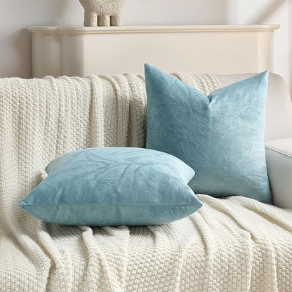 FUTEI Grey Blue Velvet Throw Pillow Covers 20x20 Inch Set of 2,Soft Embossed Leaf-Relief Textured Cushion Cases,Natural Home Decor for Couch Living Room