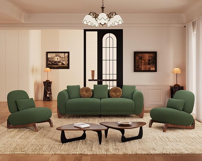 Morden Fort 3 Piece Cloud Couch Set, Modern Sherpa Boucle Sofa Set with Wood Legs, Skin-Friendly Minimalist Upholstered Comfy Couch Sofas for Living Room, 3-Seater Sofa & 2 Chairs, Forest Green