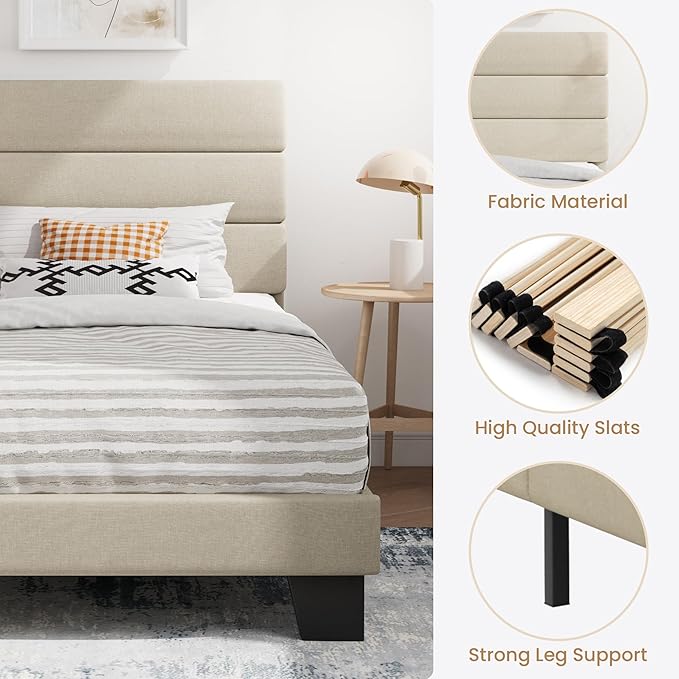 SHA CERLIN Twin Platform Bed Frame with Upholstered Fabric Headboard, Mattress Foundation with Strong Wooden Slats Support, No Box Spring Needed, Beige