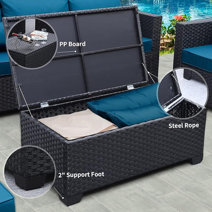 Rattaner Patio Furniture Set 5 Pieces Outdoor Furniture Sets Patio Couch Outdoor Chairs Coffee Table Peacock Blue Anti-Slip Cushions and Waterproof Covers