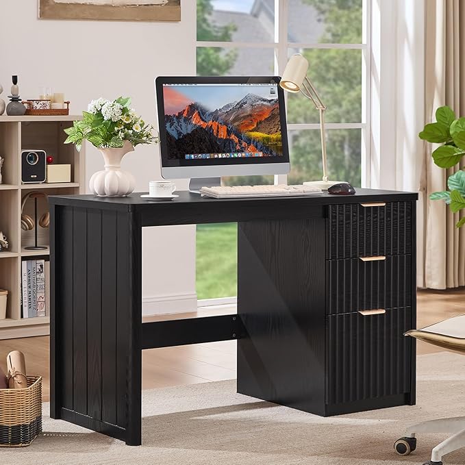 48" Modern Fluted Executive Desk with Storage Cabinet, Black Wood Home Office Desk with File Drawer & Metal Handles, Large Computer Writing Table for Office,Study, Living Room, Bedroom
