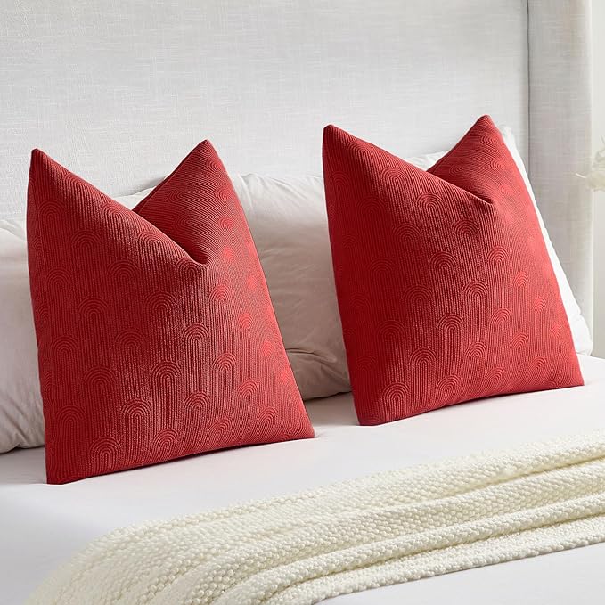 FUTEI Christmas Red Chenille Decorative Throw Pillow Covers 12x20 Inch Set of 2,Soft Cozy Striped Geometric Patterns Lumbar Pillow Cases,Modern Home Decor for Couch Bed Living Room