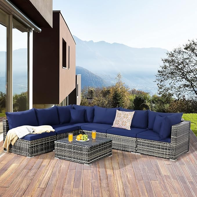 Tangkula 7 Pieces Patio Rattan Furniture Set, Patiojoy Outdoor Conversation Set with Cushions and Tempered Glass Coffee Table, All-Weather Sectional Sofa Set for Garden, Lawn, Backyard (Navy Blue)