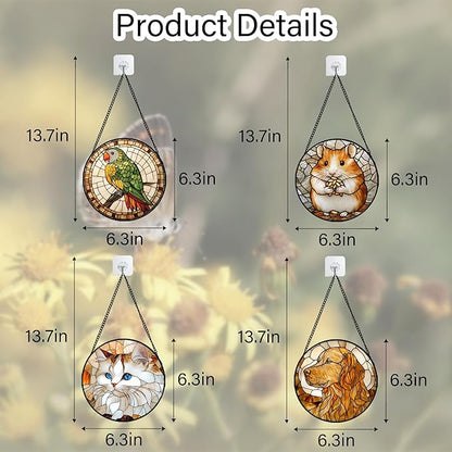 Stained Glass Window Hanging 4 Pcs Set Cute Cat and Dog 6.3" - Animal Suncatcher Door Garden Sun Catcher Decor Birthday Mother's Day for Mom Woman Nana Girl Boy Friend