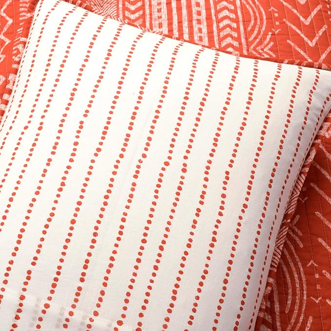 Lush Decor Hygge Geo Pattern Striped 3 Piece Quilt Bedding Set, King, Burnt Orange
