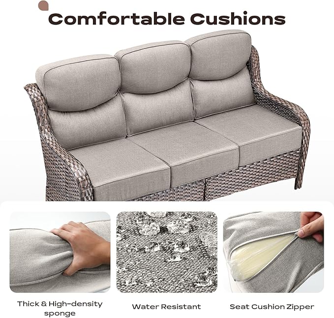 Rilyson Wicker Outdoor Patio Furniture Set - 6 Piece Patio Conversation Sets with Swivel Rocker Chairs, Ottomans, Sofa and Table, 6 inch Cushions, Deep Seating, for Porch Deck Brown/Beige