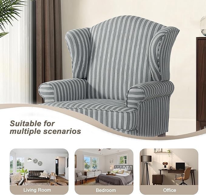Pia Ricco Set of 2 Stripe High Back Accent Chairs: Upholstered Fabric Armchairs with Solid Wood Legs - Retro Living Room Pair, Comfy Reading Sofa Seats-Gray