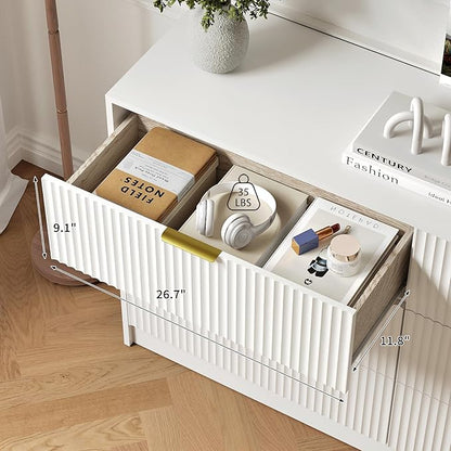 6 Drawers Fluted Dresser for Bedroom, 55" Wide Wooden Dresser with Deep Drawers, Large Floor Chest of Drawers, Modern Long TV Stand, Storage Cabinet Side Table, White