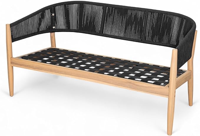 Christopher Knight Home Katarina Patio Acacia Wood Loveseat Furniture, Outdoor Loveseat Sofa with Comfy Fabric Cushions, 2-Seater Sofa with Handwoven Rope Backrest for Garden/Backyard, Black+Beige