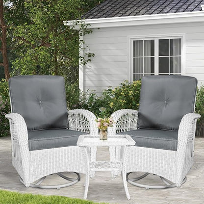 VIVIJASON 3-Piece Outdoor Conversation Bistro Set, Patio Swivel Glider Rocking Chairs Rattan Furniture Sets w/ 2 White Rattan Chairs, Glass Top Side Table for Porch Backyard, Grey Cushions