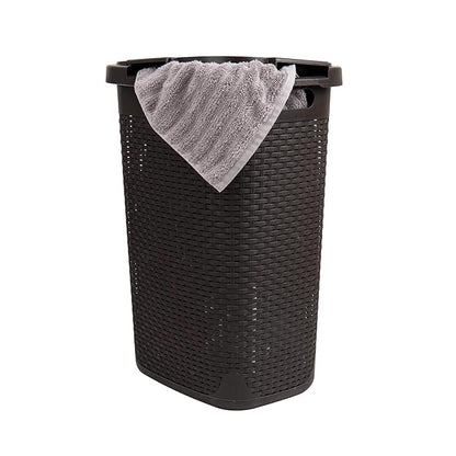 Mind Reader Slim Laundry Hamper with Lid, 60L Clothes Basket, Premium Wicker Design, Plastic, Brown