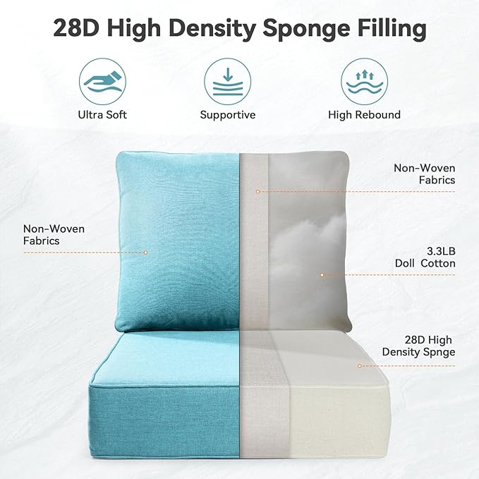 Luxury 6" Outdoor Cushions for Patio Furniture, 24x24x6" Thick Seat Cushion Set of 9, Fade Resistant Couch Chair Replacement Cushions High Density Deep Wicker Chair Cushion w/ Removable Cover, Teal