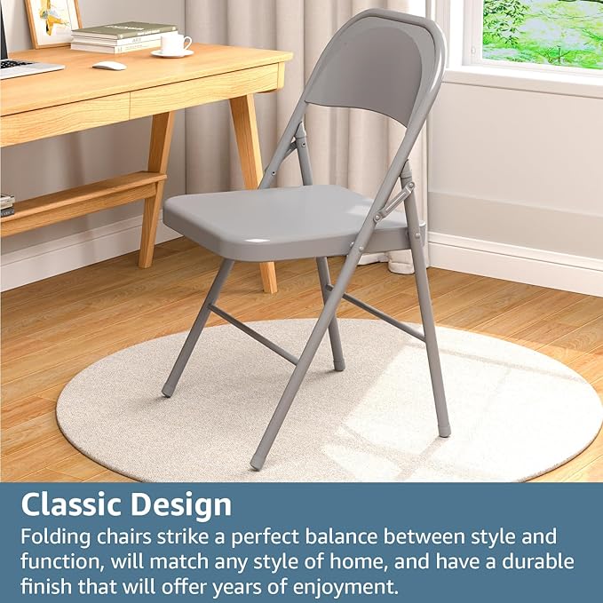 V&LX 4-Pack Double Hinged Chair 30" Metal Folding Steel Chairs Foldable Chair 4 Pack for Wedding Office Meeting Party Patio Outdoor Events, Set of 4,Grey